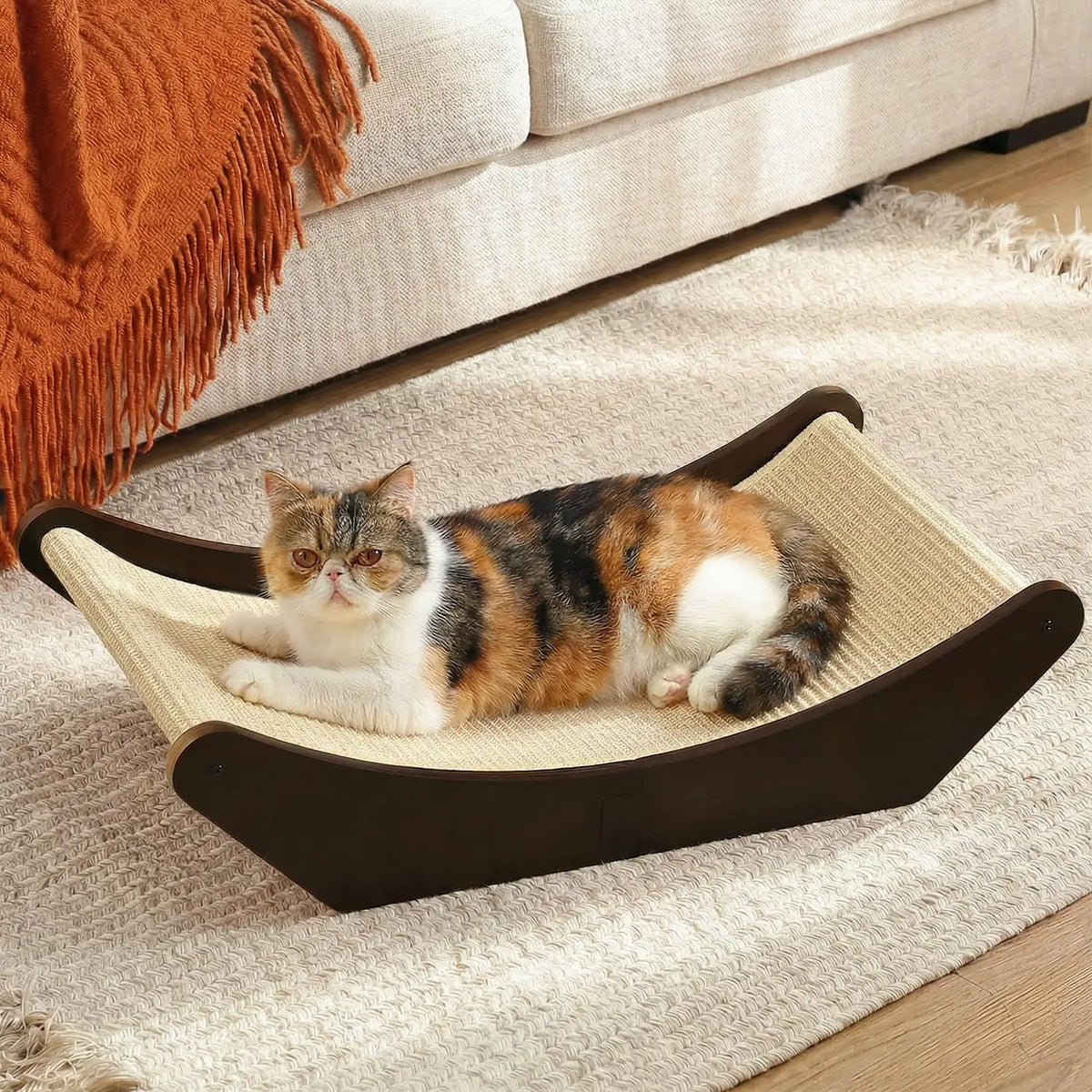 Cat Scratcher Lounging Bed With Natural Sisal And Wood Frame