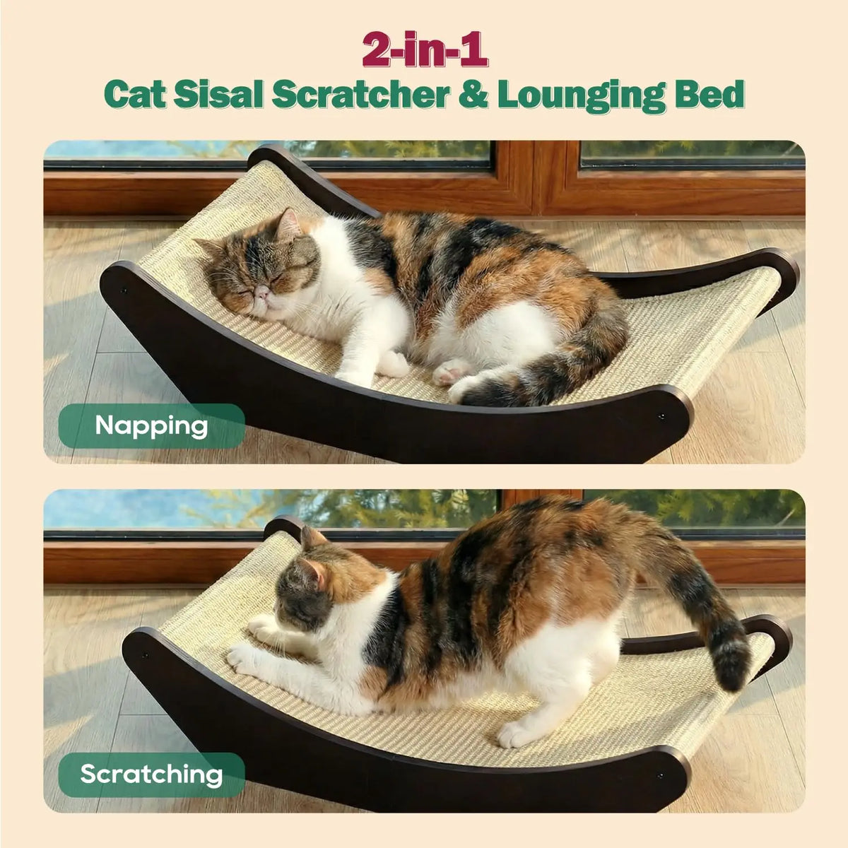 Cat Scratcher Lounging Bed With Natural Sisal And Wood Frame