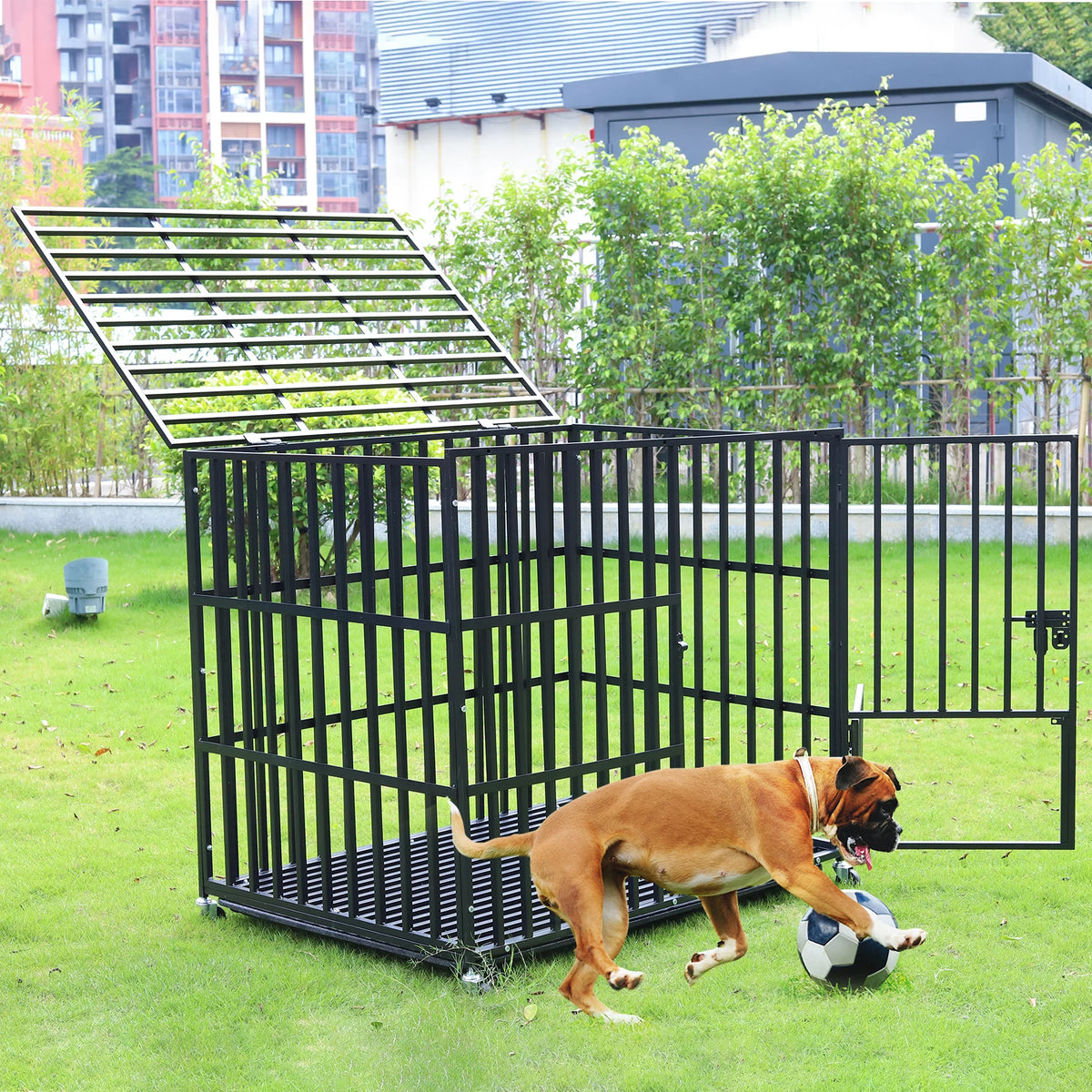 BINGOPAW Heavy Duty Dog Crate with Lockable Wheels and Tray