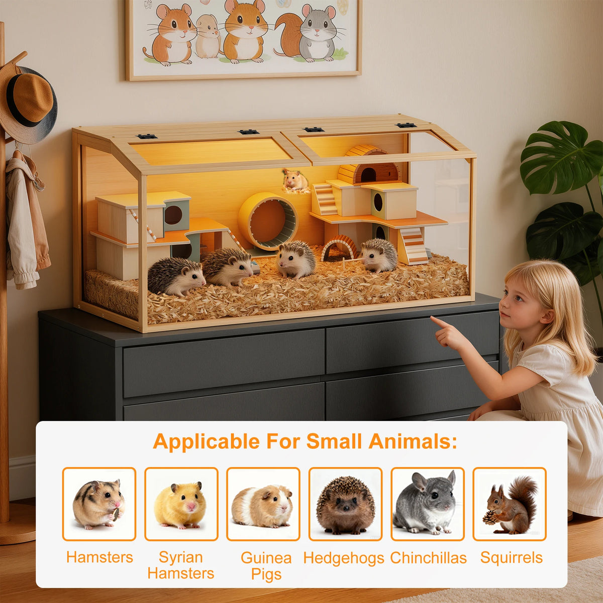 Wooden Hamster Cage With Tempered Glass Panels And LED Light