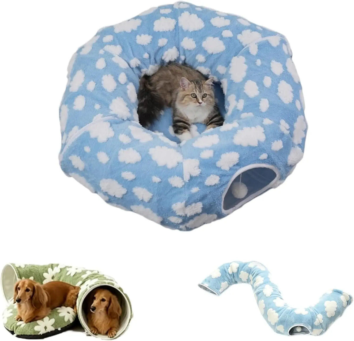 Flower Plush Dachshund Tunnel Bed, Foldable Two In One Design