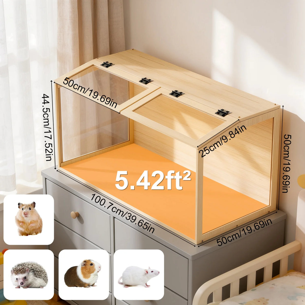 Chewproof Wooden Hamster Cage With Tempered Glass And LED Light