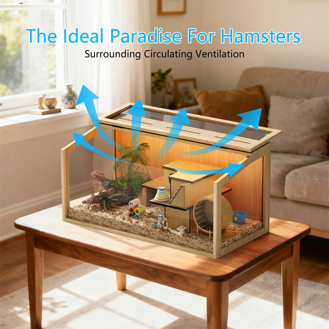 Wooden Hamster Cage With Tempered Glass Panels And LED Light