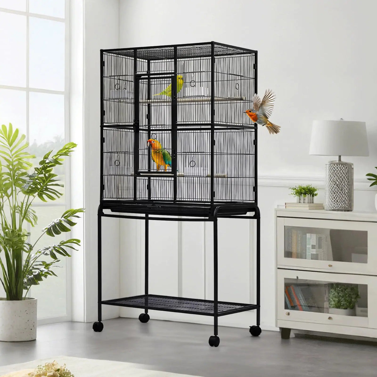 HiMISS Large Bird Cage With Rolling Stand And Storage Shelf
