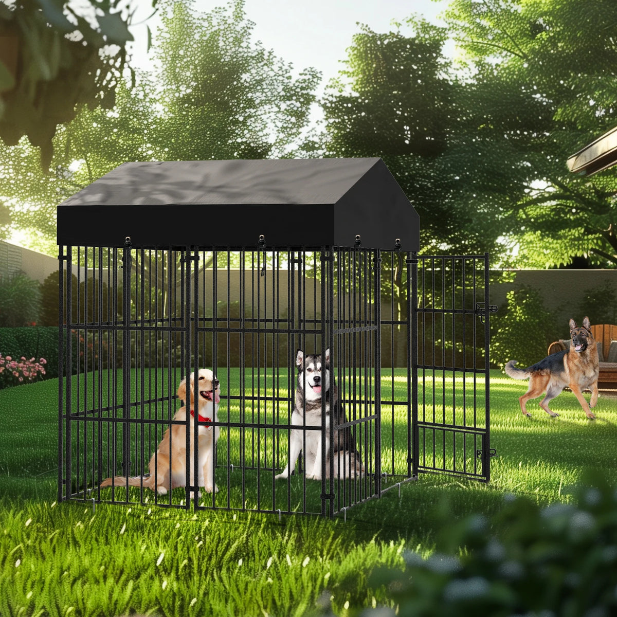 Heavy Duty Outdoor Metal Dog Kennel With Protective Roof
