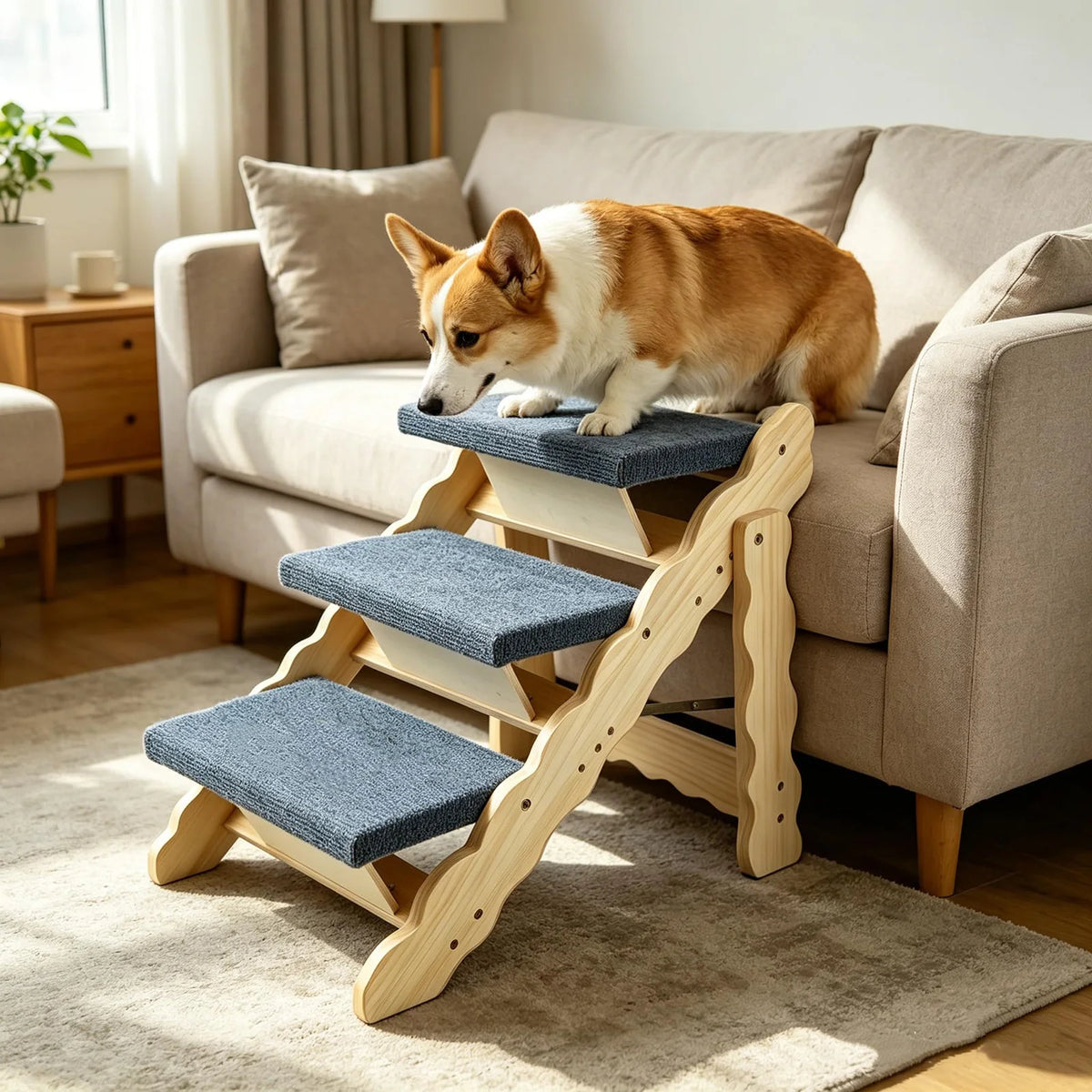 HiMISS Wooden Pet Stairs Folding Dog Ramp Indoor Safety Assistant