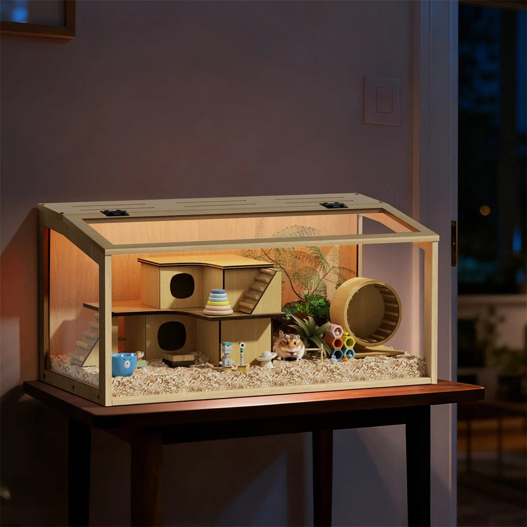 Wooden Hamster Cage With Tempered Glass Panels And LED Light