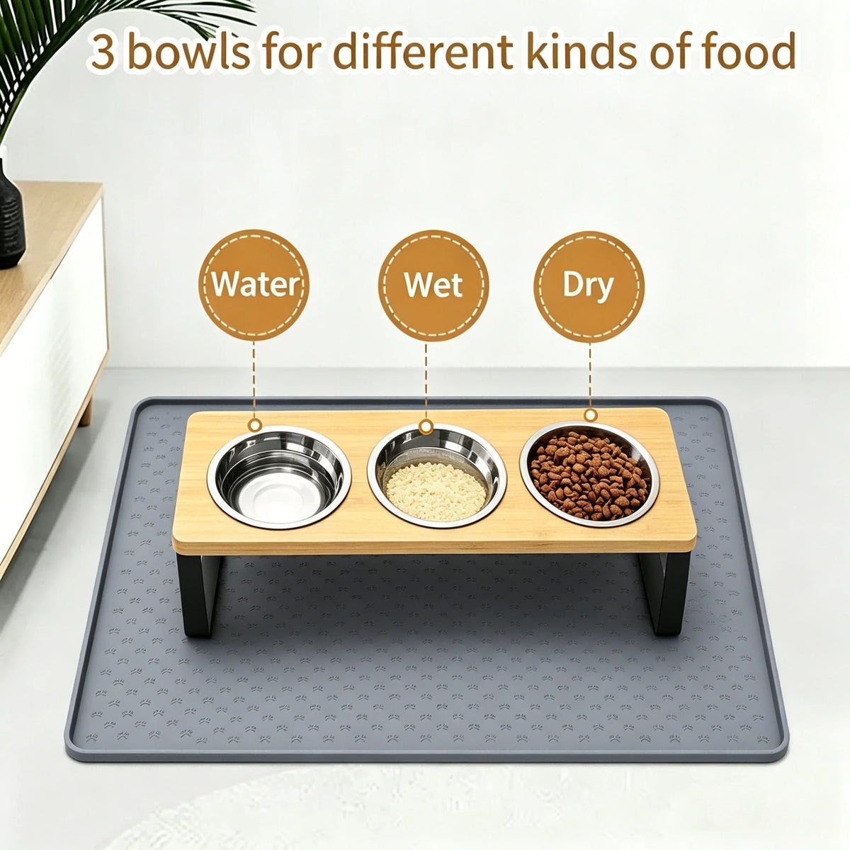 Elevated Cat Feeder With Three Bowls And Bamboo Stand