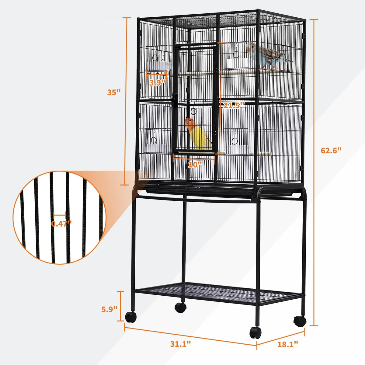 HiMISS Large Bird Cage With Rolling Stand And Storage Shelf
