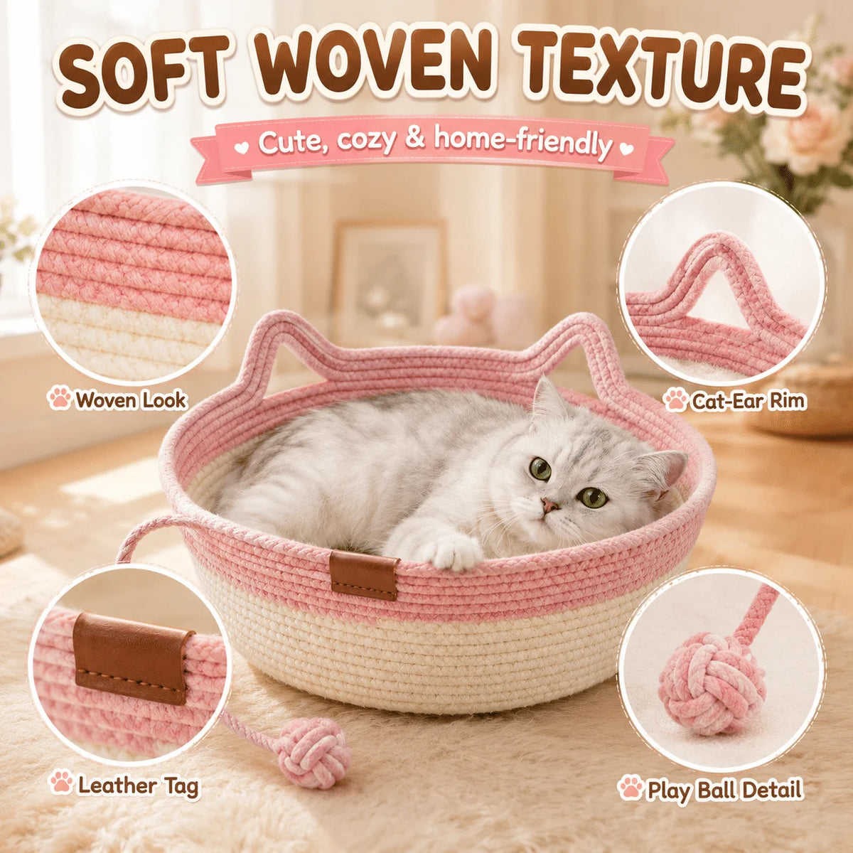 2-in-1 Cotton Rope Cat Bed With Hanging Interactive Toy
