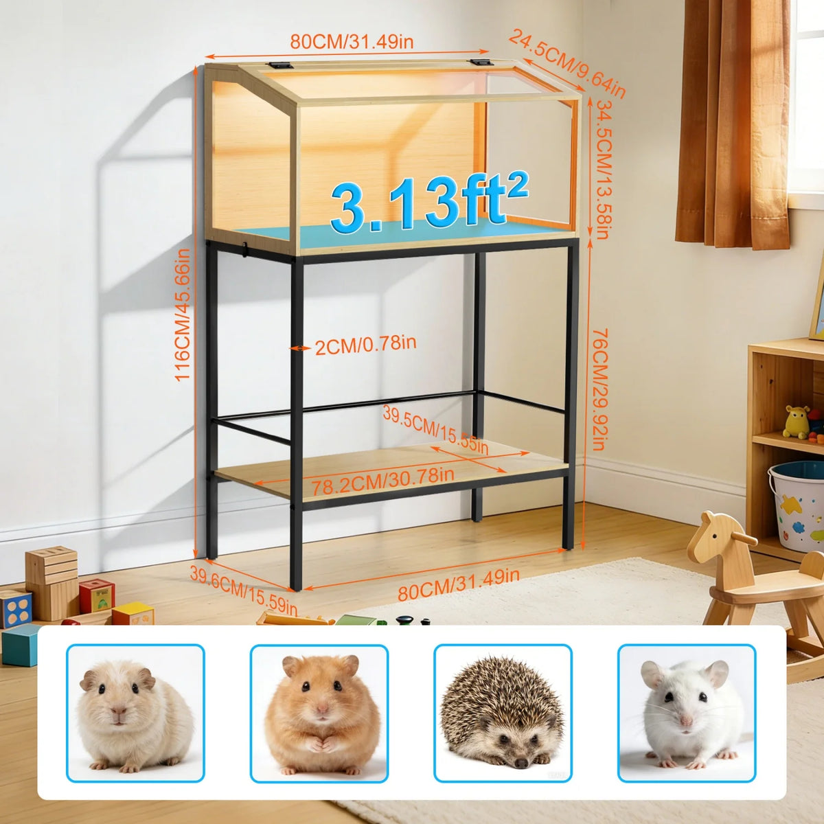 Chewproof Wooden Hamster Cage With Tempered Glass And LED Light