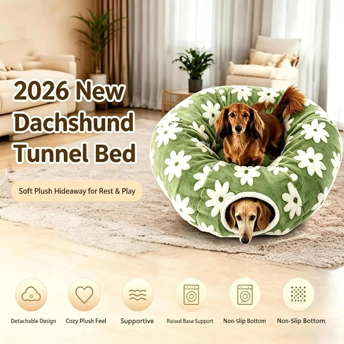 Flower Plush Dachshund Tunnel Bed, Foldable Two In One Design