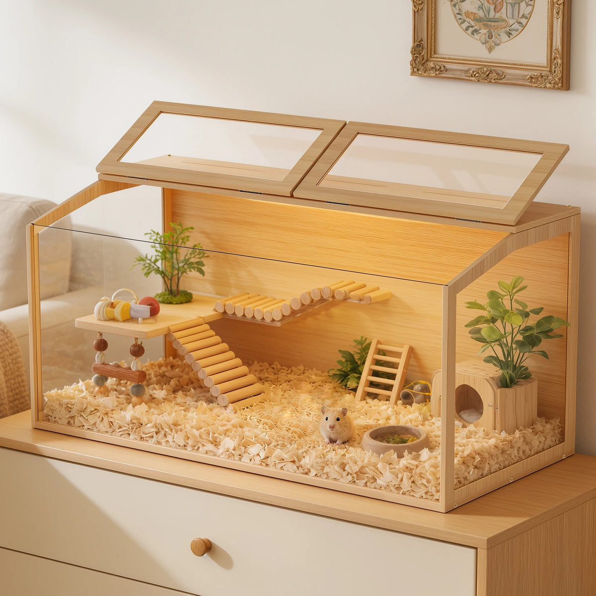 Wooden Hamster Cage With Tempered Glass Panels And LED Light