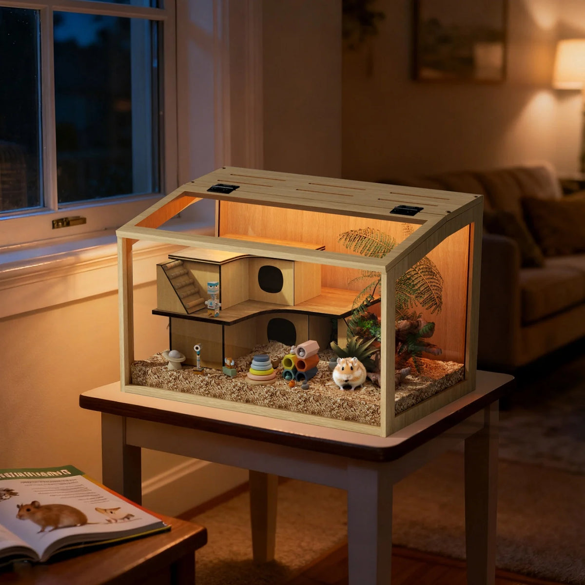Chewproof Wooden Hamster Cage With Tempered Glass And LED Light