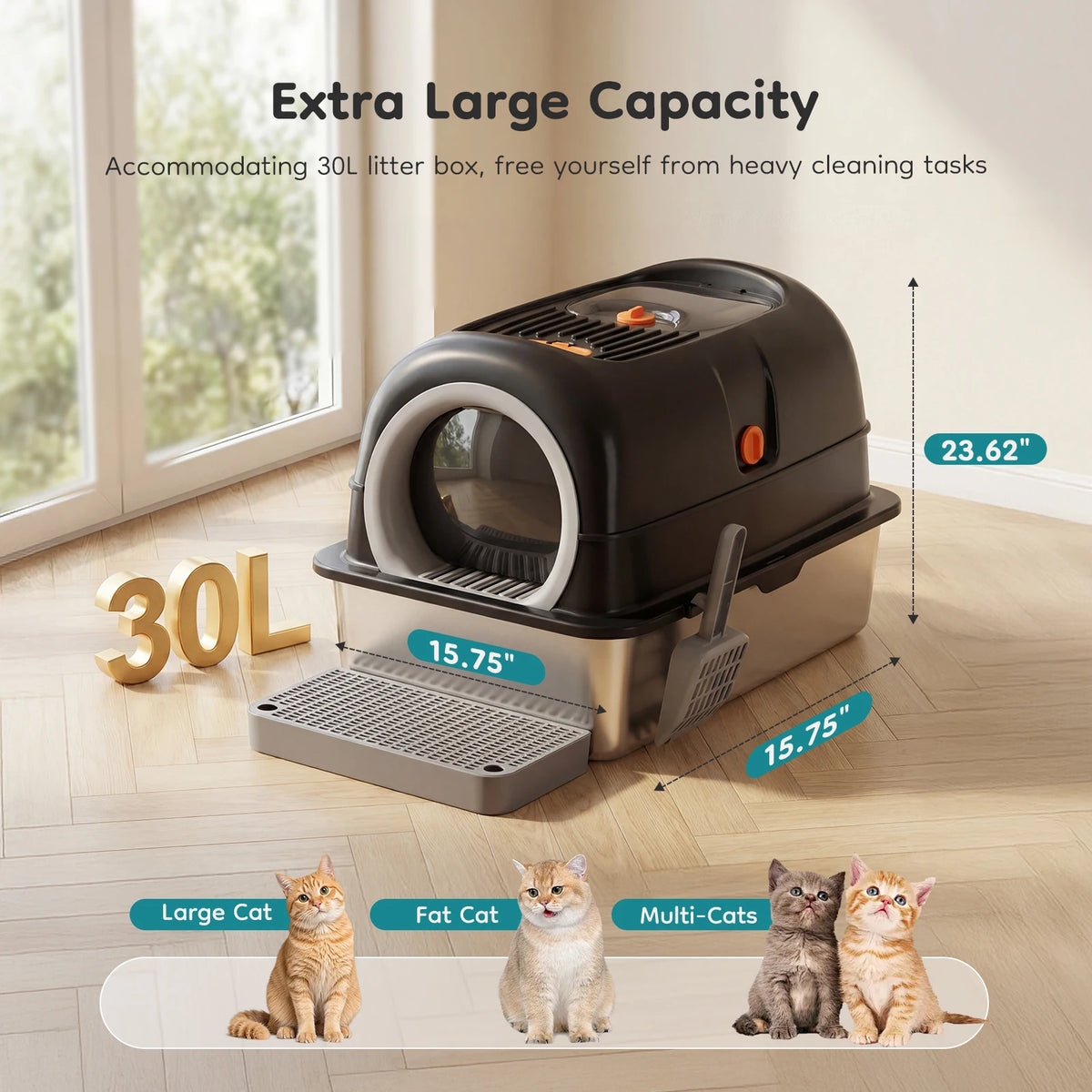 JHK Stainless Steel Enclosed Cat Litter Box With Scoop Included