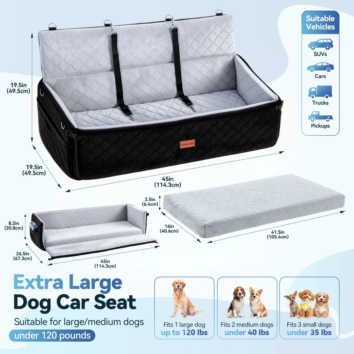 Extra Large Dog Car Seat With Cushion And Safety Leashes