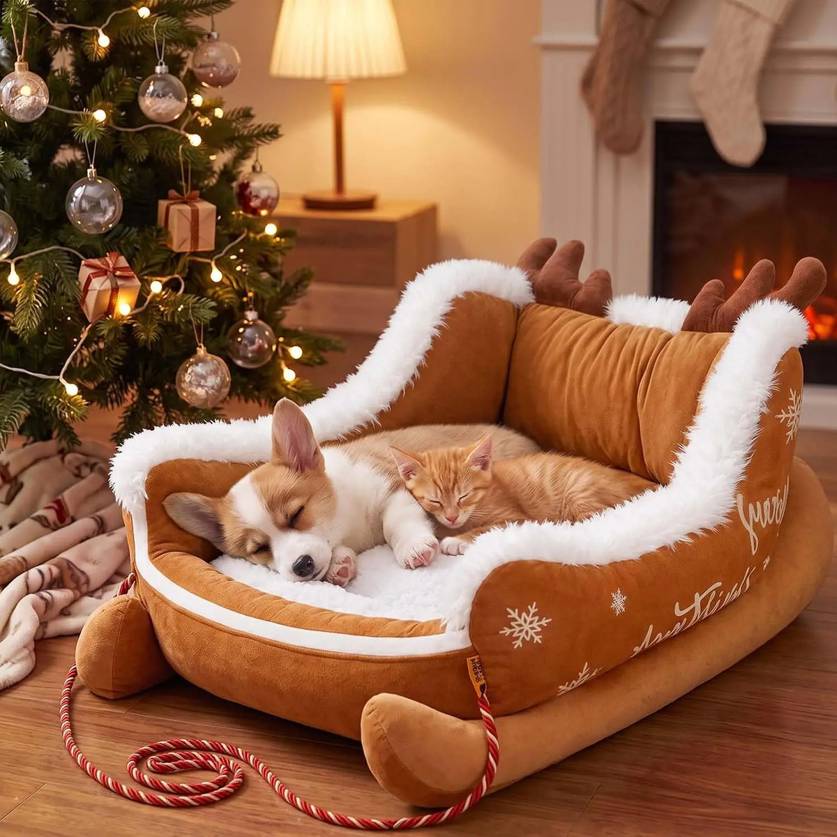 Christmas Santa Sleigh Dog Bed Plush Calming Pet Sofa