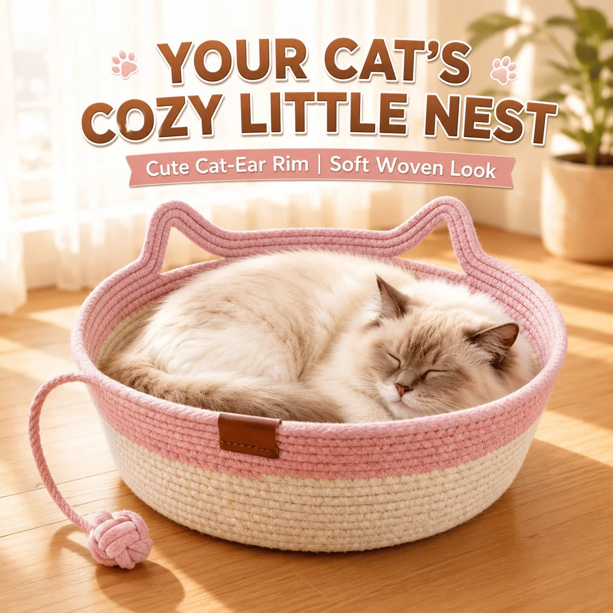 2-in-1 Cotton Rope Cat Bed With Hanging Interactive Toy