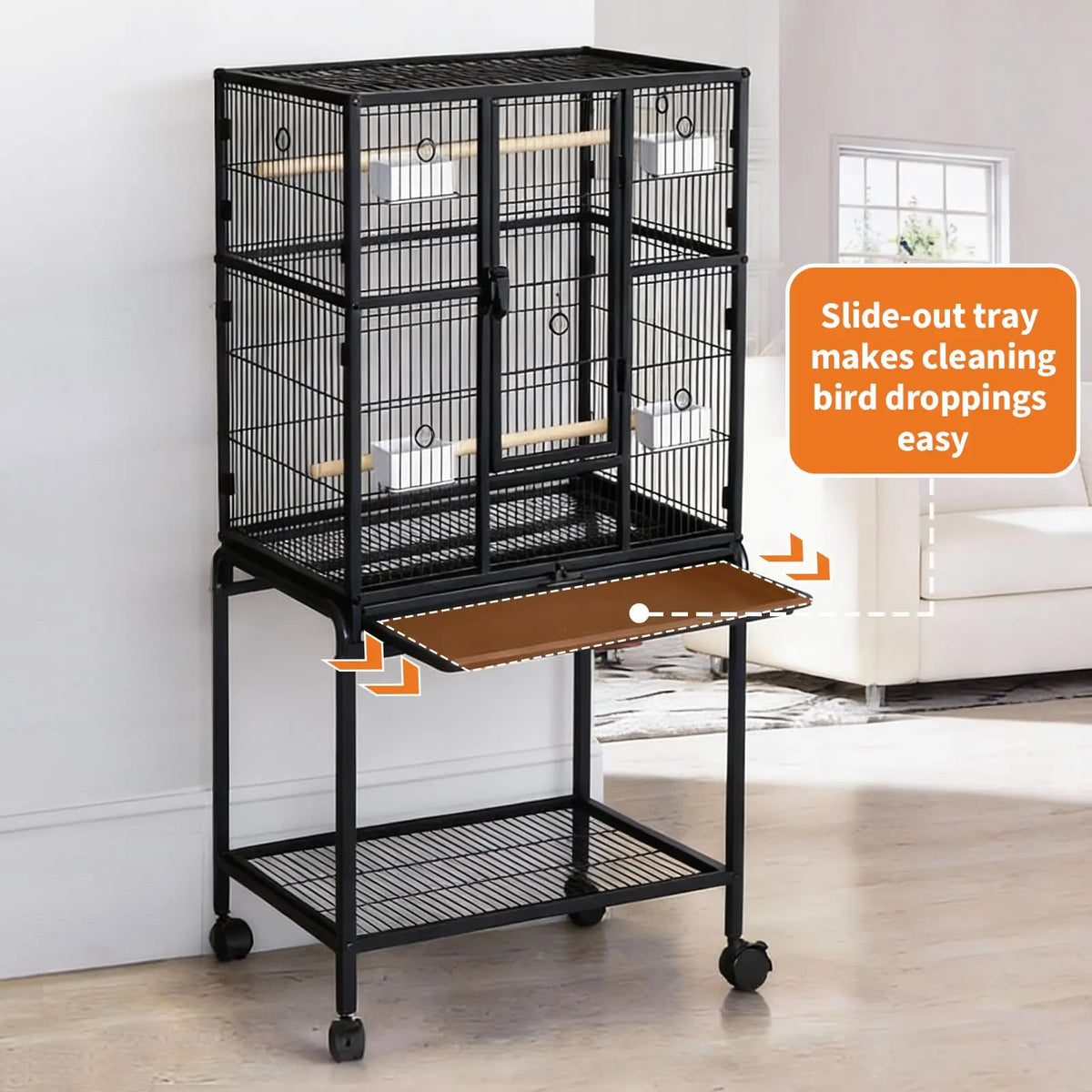 HiMISS Large Bird Cage With Rolling Stand And Storage Shelf