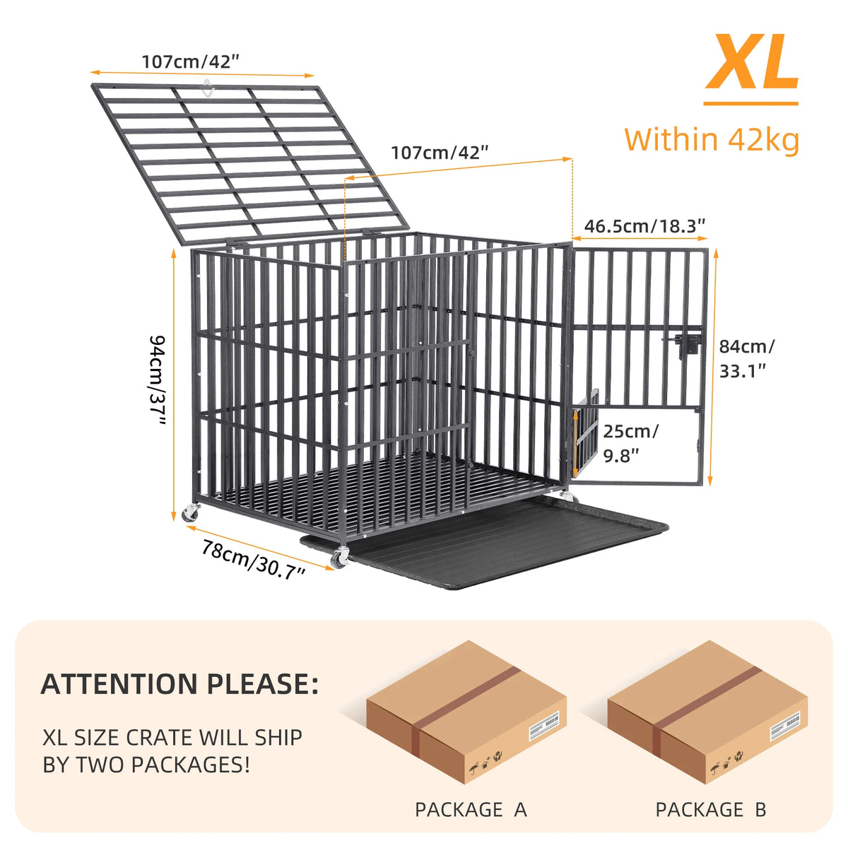 BINGOPAW Heavy Duty Dog Crate with Lockable Wheels and Tray