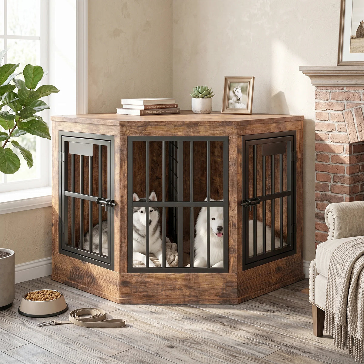 Modern Wooden Corner Dog Crate Furniture With Decorative Pet House