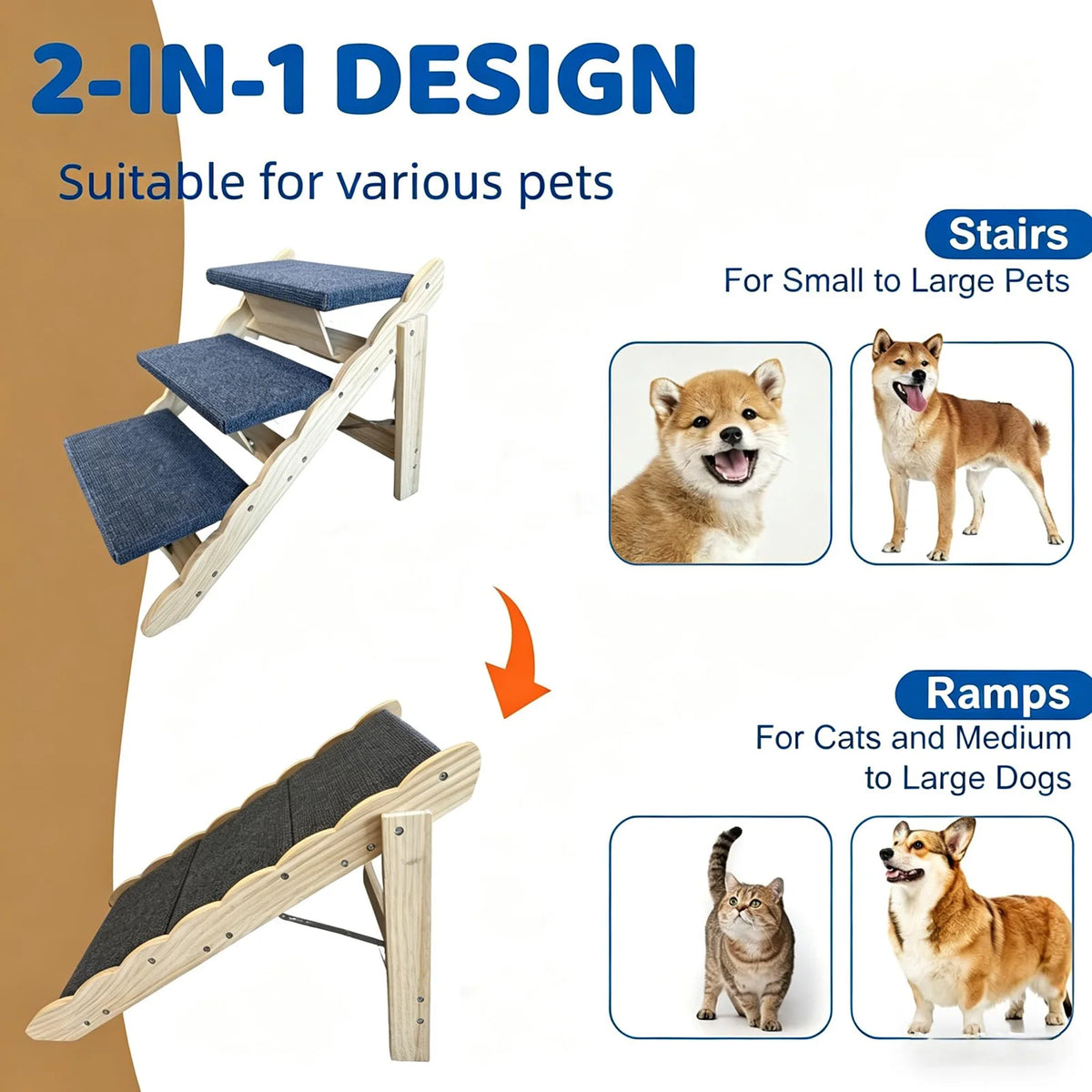 HiMISS Wooden Pet Stairs and Folding Dog Ramp for Beds