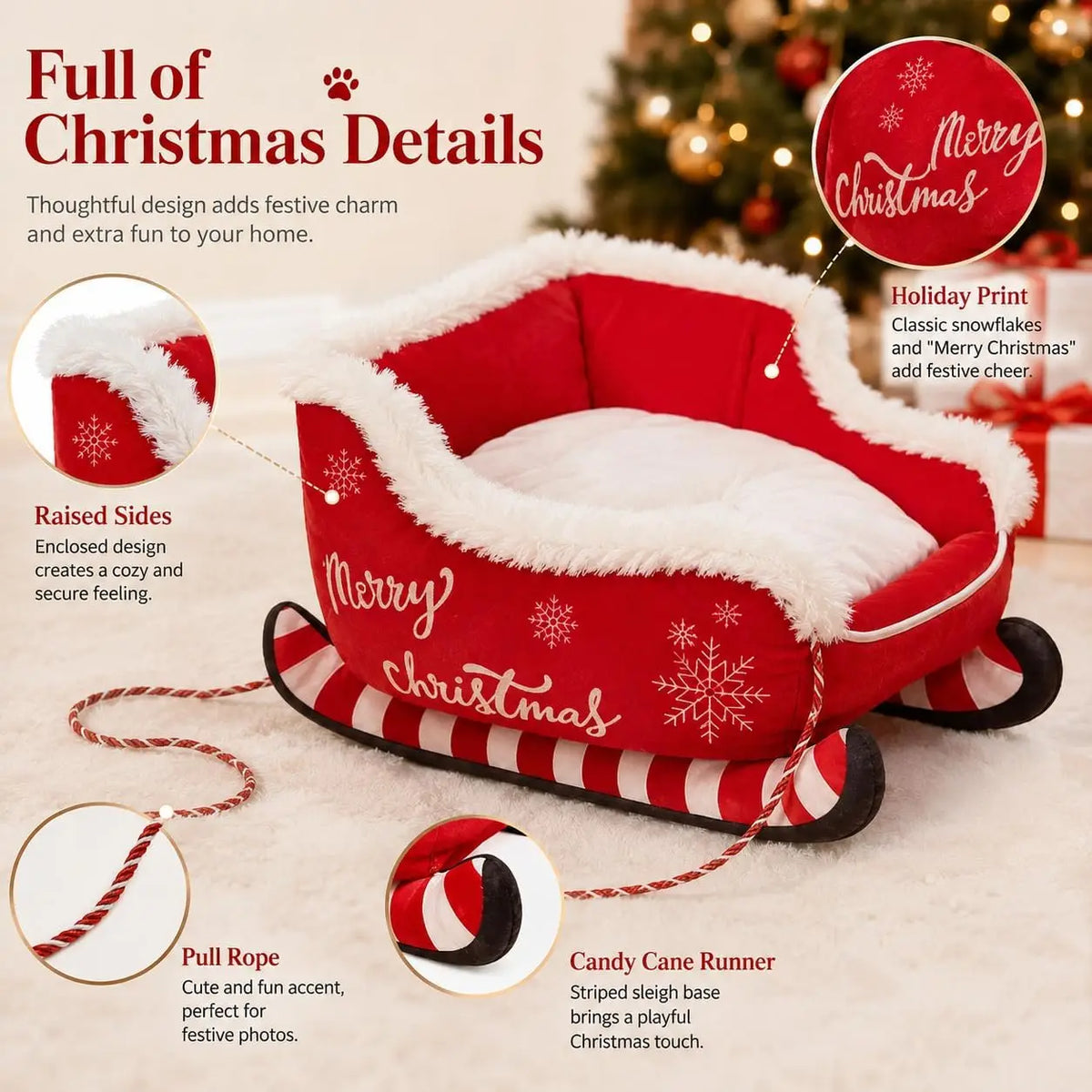 Christmas Santa Sleigh Dog Bed Plush Calming Pet Sofa
