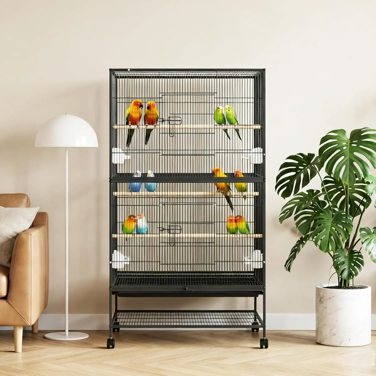 HiMISS Large Rolling Bird Cage With Storage Stand And Bowls