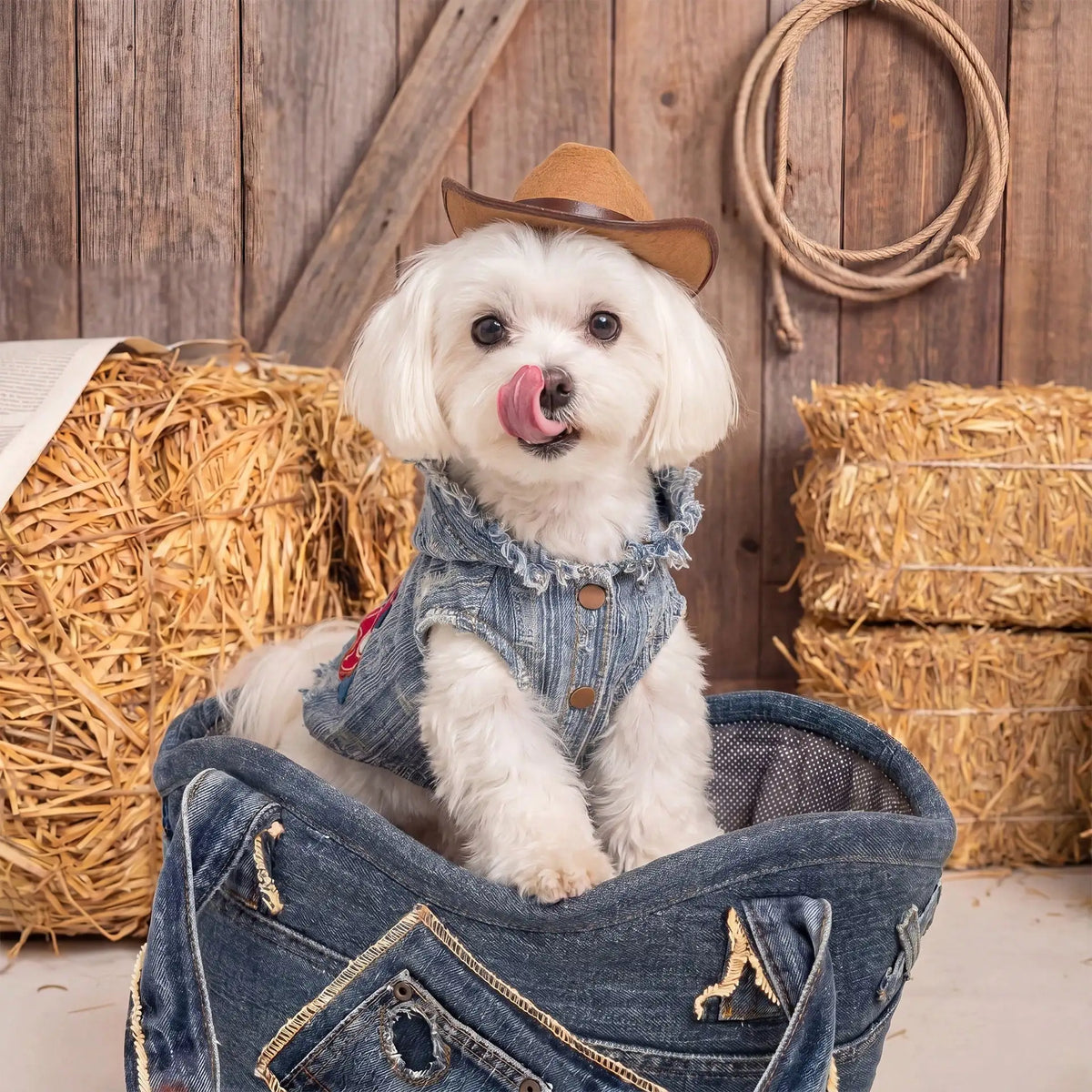 Pet Denim Apparel With Embroidered Pony Pattern Design