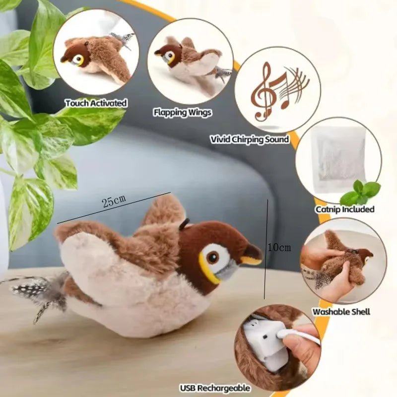 Interactive Plush Bird Cat Toy With Touch Activated Chirping Motion