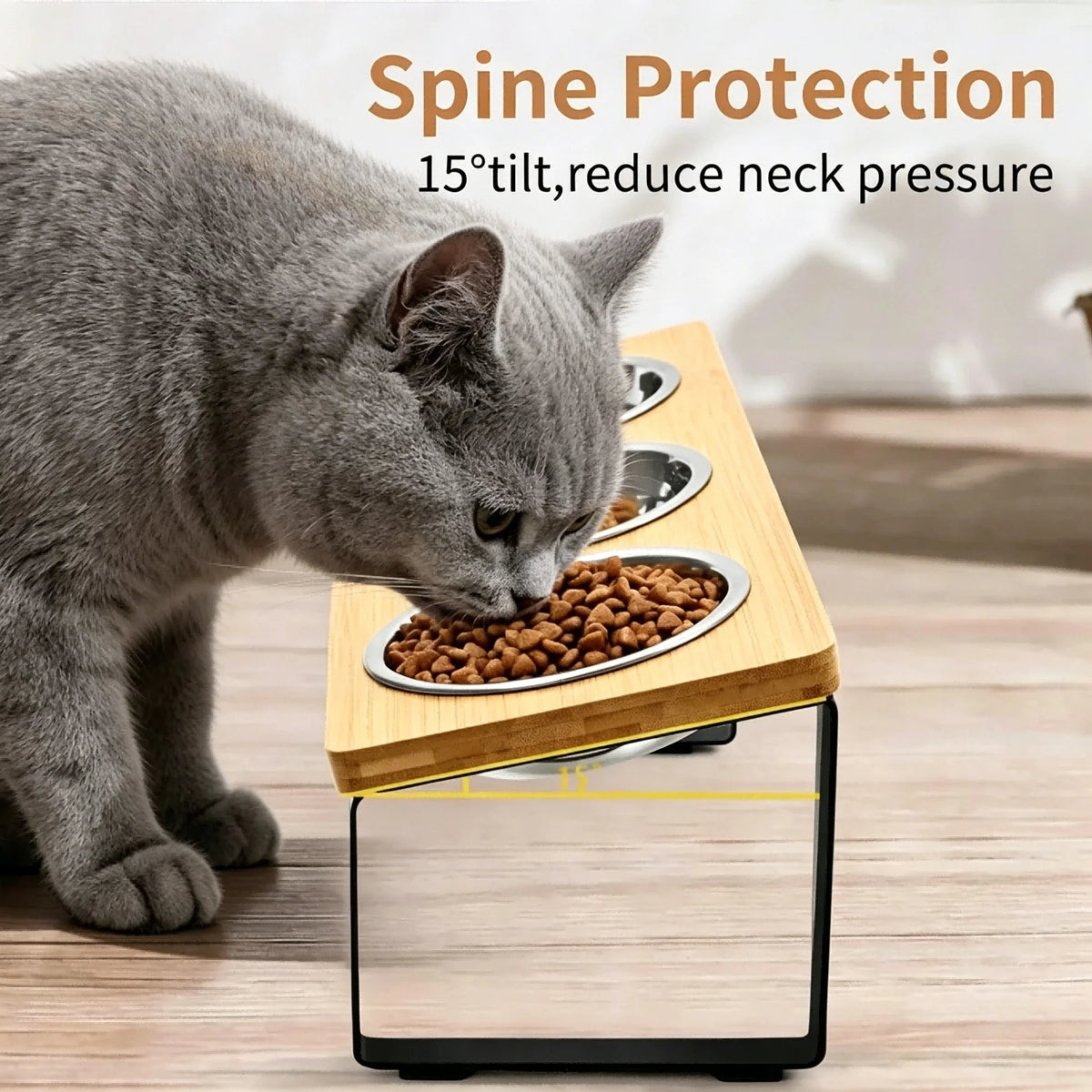 Elevated Cat Feeder With Three Bowls And Bamboo Stand