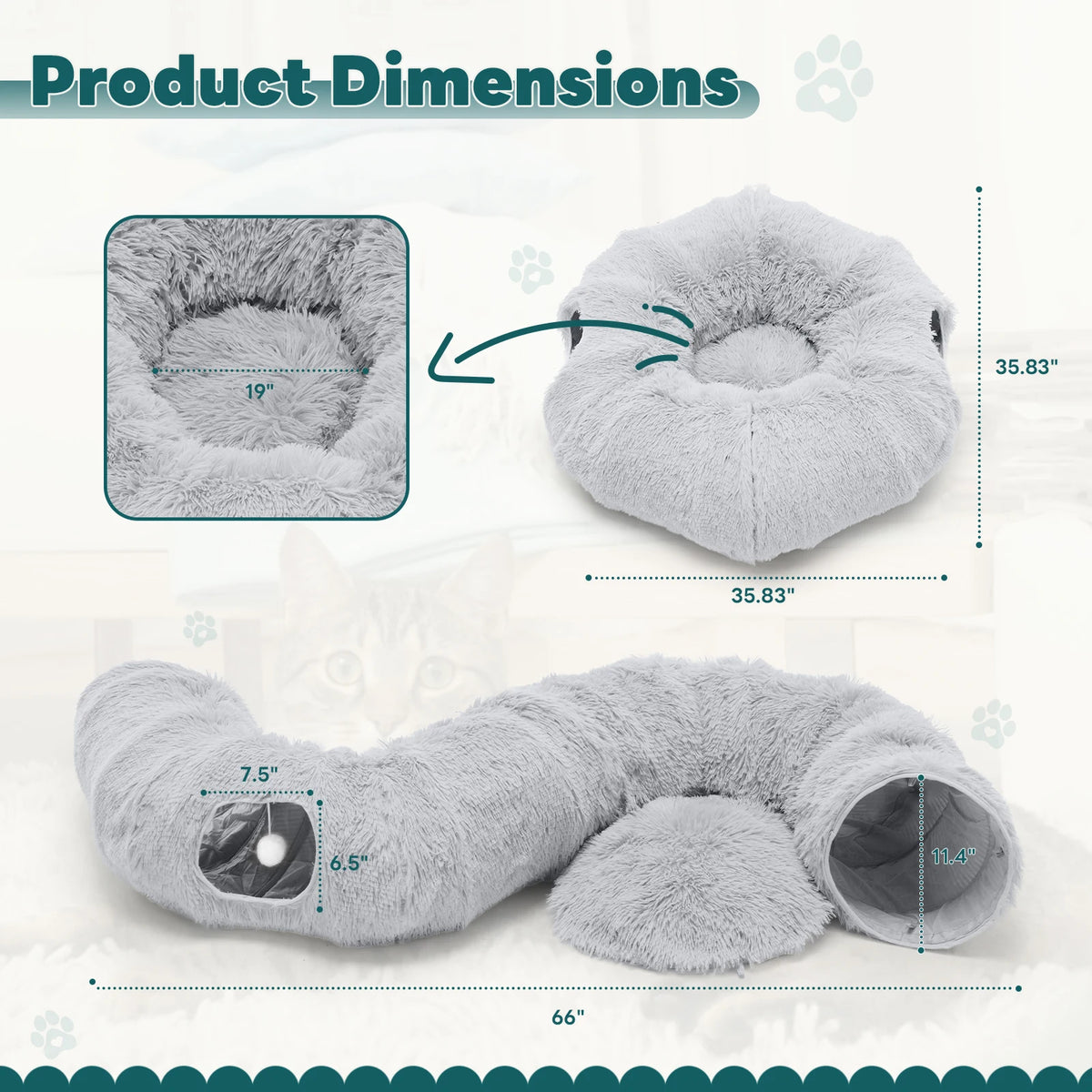 JHK Plush Cat Tunnel Bed With Washable Indoor Playground