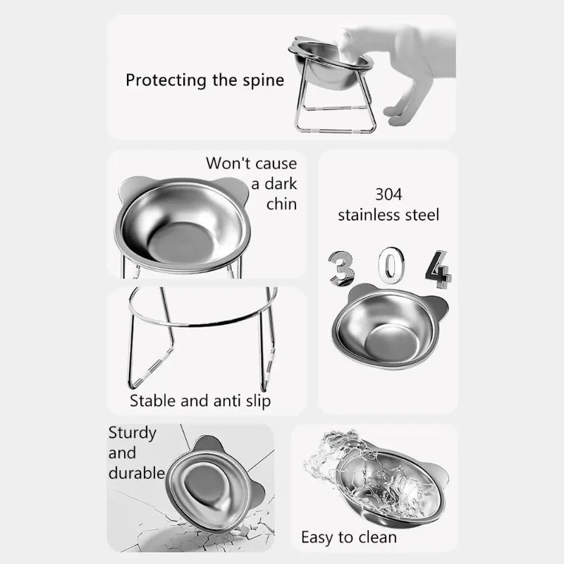 Elevated Stainless Steel Cat Bowl With Tilted Neck Guard