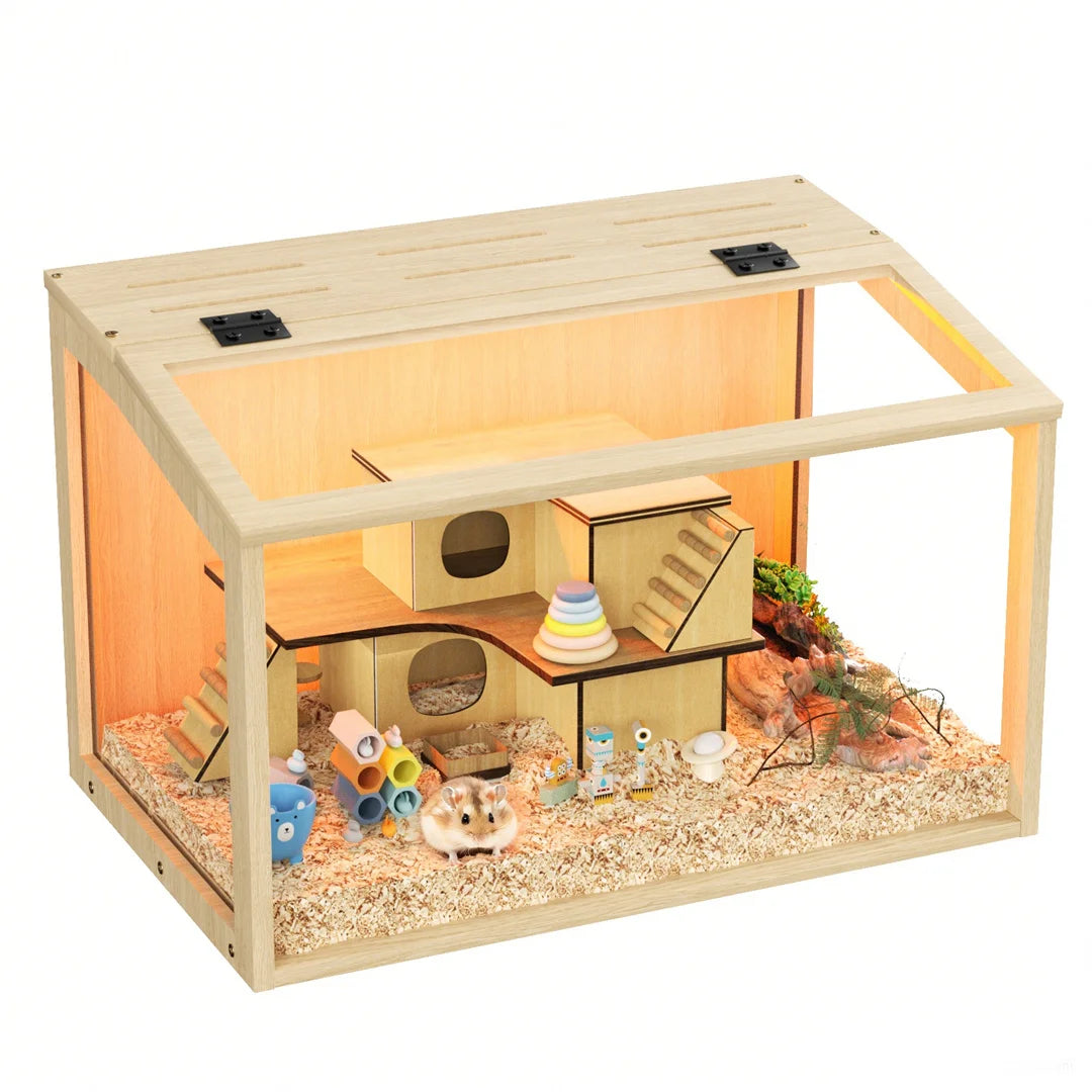 Wooden Hamster Cage With Tempered Glass Panels And LED Light