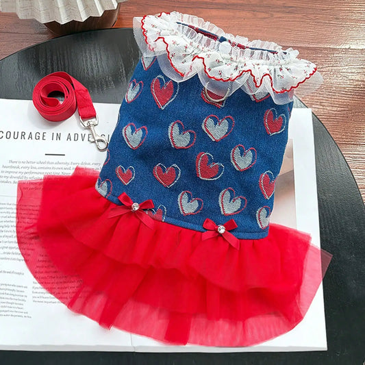Cherry Denim Suspender Skirt Dress for Dogs and Cats