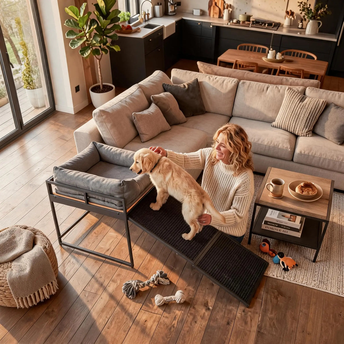 Elevated Dog Bed With Non Slip Ramp And Bolster Cushion