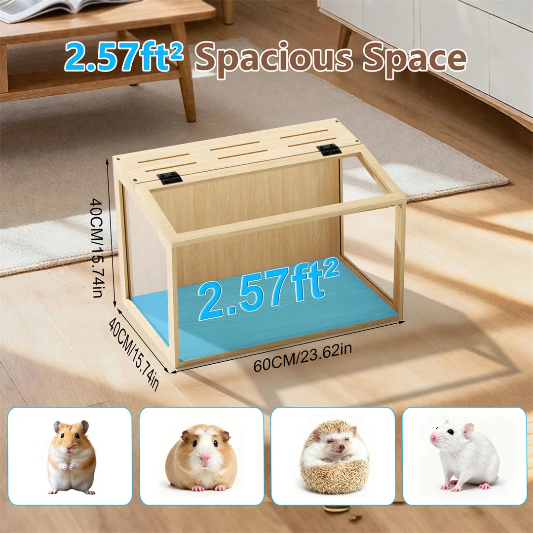 Wooden Hamster Cage With Tempered Glass Panels And LED Light