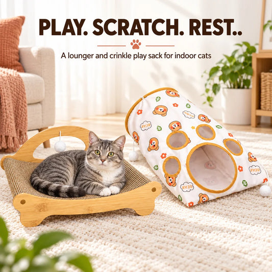 Zoe Cat Scratcher Lounger With Crinkle Tunnel And Hanging Toys
