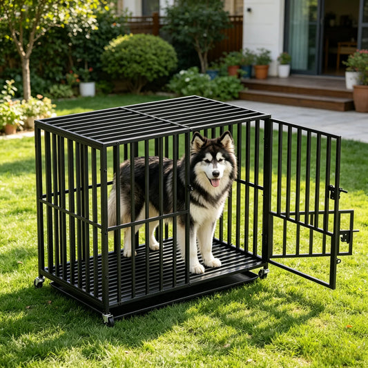 BINGOPAW Heavy Duty Dog Crate with Lockable Wheels and Tray