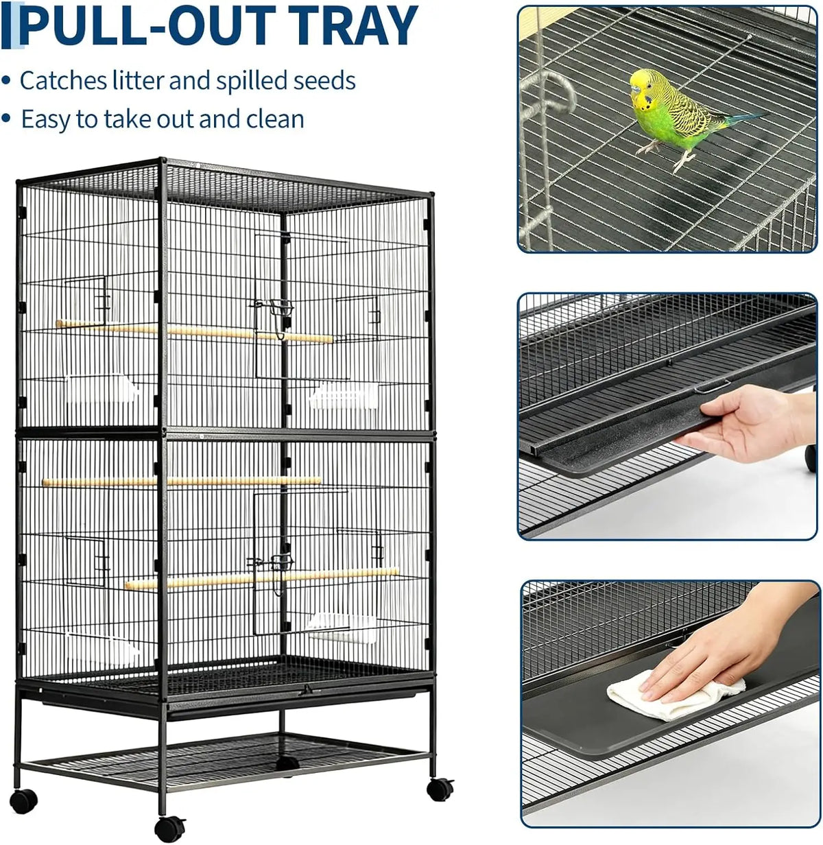HiMISS Large Rolling Bird Cage With Storage Stand And Bowls