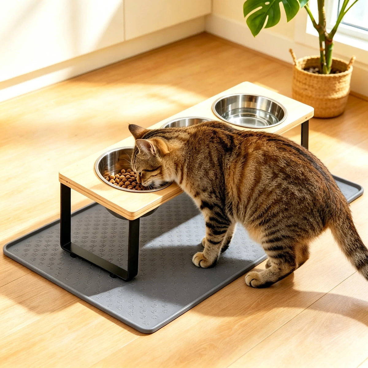 Elevated Cat Feeder With Three Bowls And Bamboo Stand