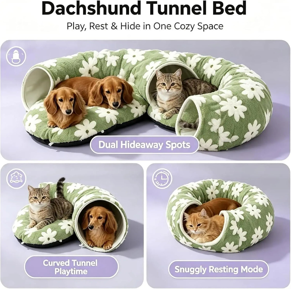 Flower Plush Dachshund Tunnel Bed, Foldable Two In One Design