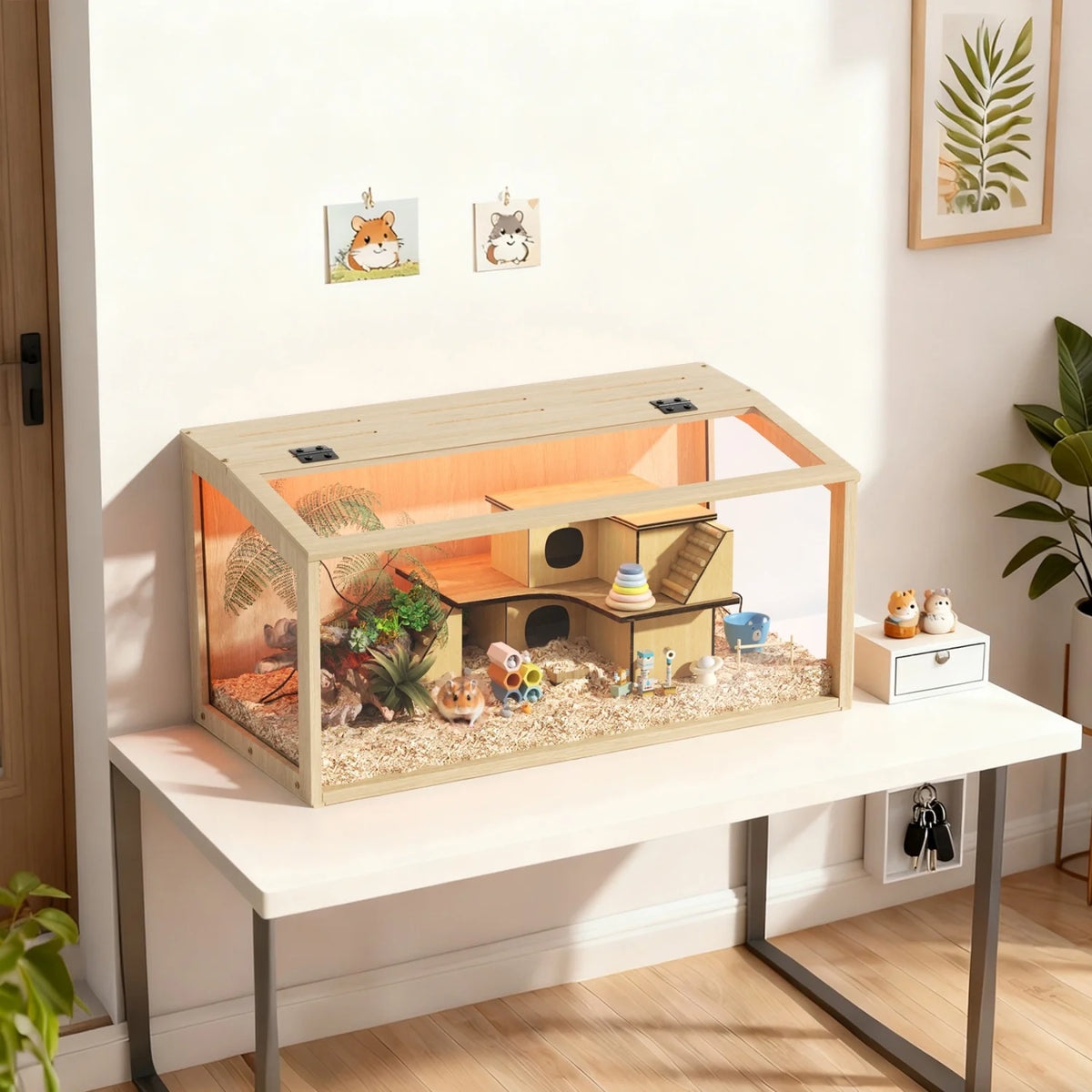Chewproof Wooden Hamster Cage With Tempered Glass And LED Light
