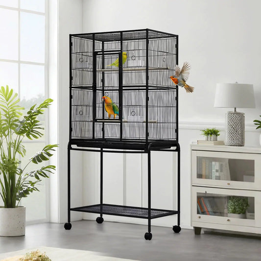HiMISS Large Bird Cage With Rolling Stand And Storage Shelf