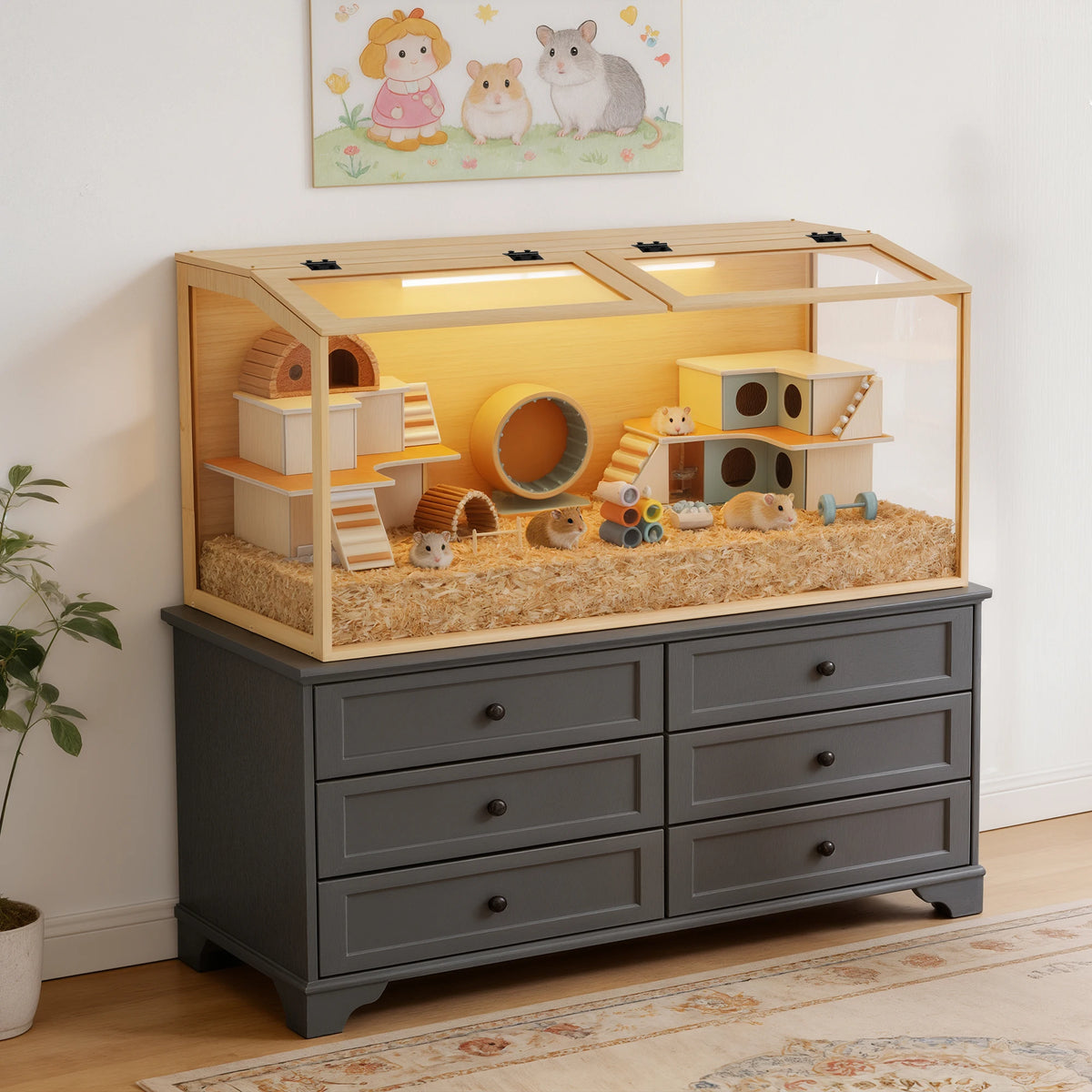 Wooden Hamster Cage With Tempered Glass Panels And LED Light