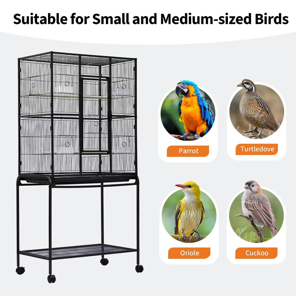 HiMISS Large Bird Cage With Rolling Stand And Storage Shelf