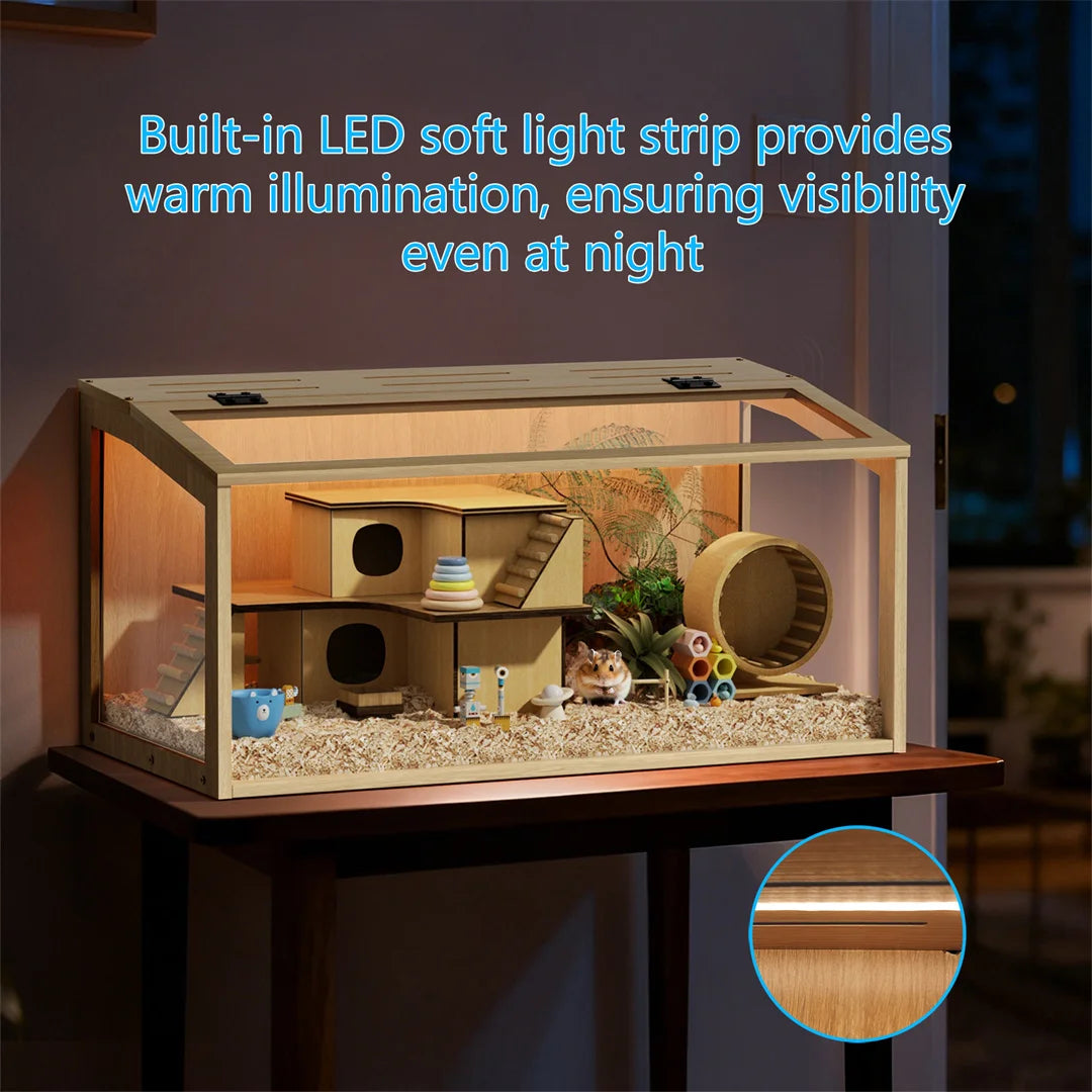 Wooden Hamster Cage With Tempered Glass Panels And LED Light