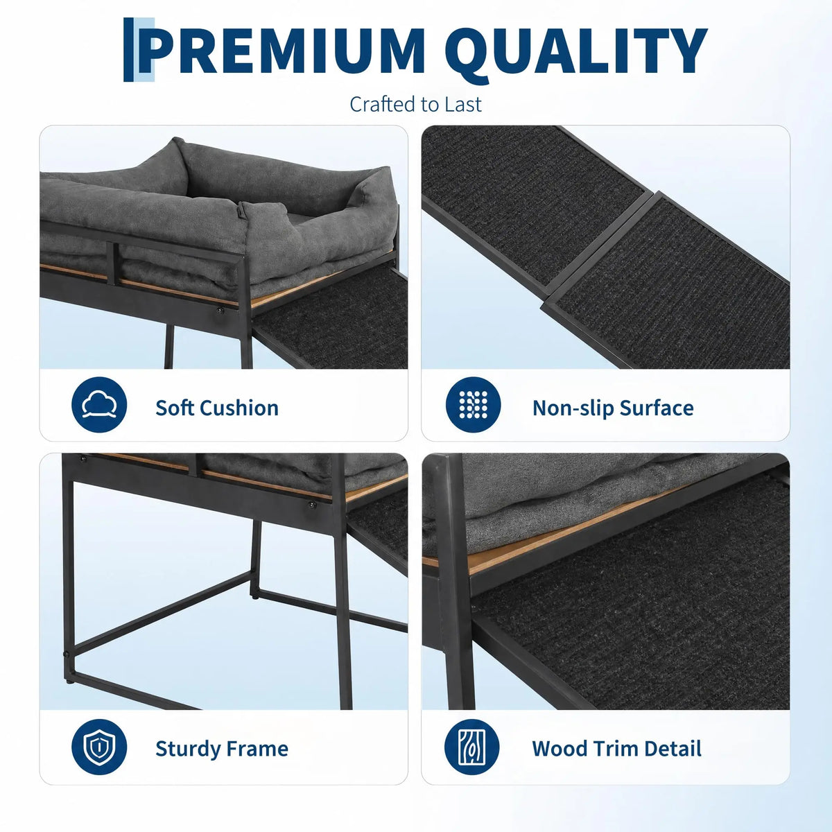 Elevated Dog Bed With Non Slip Ramp And Bolster Cushion