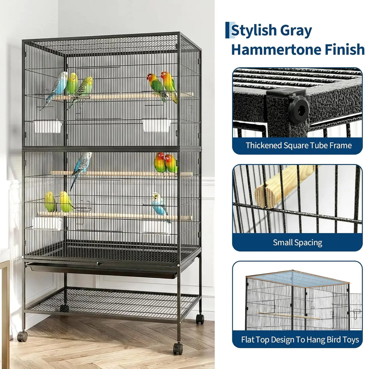 HiMISS Large Rolling Bird Cage With Storage Stand And Bowls