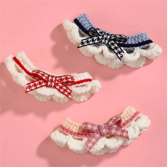 Hand Knitted Bow Knot Lace Pet Collar And Towel Set